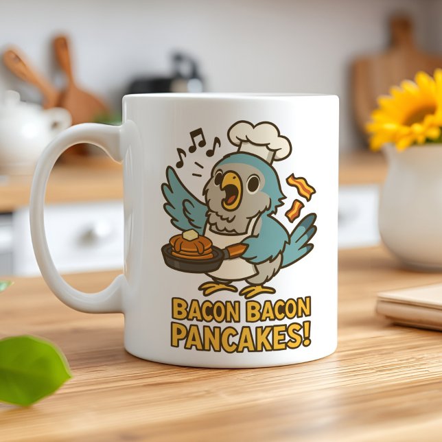 Funny Parrot Bacon Pancake Chef Cute Quaker Bird Coffee Mug (Cute Quaker parrot in chef's hat singing bacon pancakes song like the funny pet bird video)