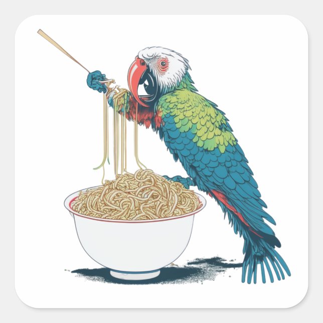 Funny Parrot Eating Ramen Noodles Square Sticker (Front)