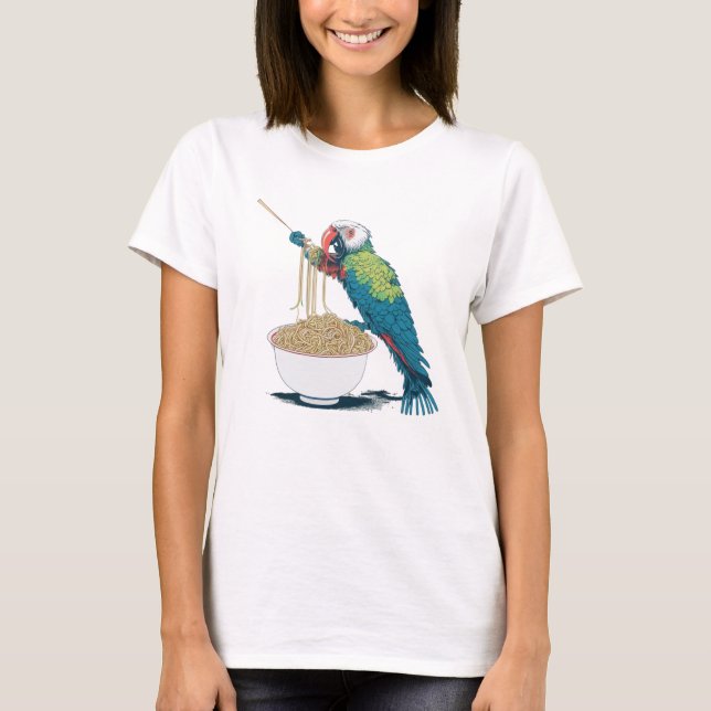 Funny Parrot Eating Ramen Noodles T-Shirt (Front)