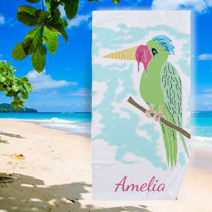 Funny Parrot with Ice cream Drawing Beach Beach Towel