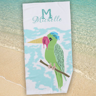 Funny Parrot with Ice cream Monogram Name Beach Towel