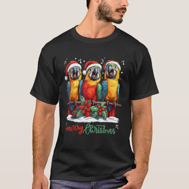 Funny Parrot with Santa Hat on Christmas Cool Xmas T-Shirt (Front)