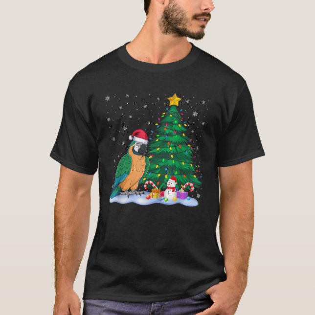 Funny Parrot Xmas Tree Lights Reindeer Hat Christm T-Shirt (Front)