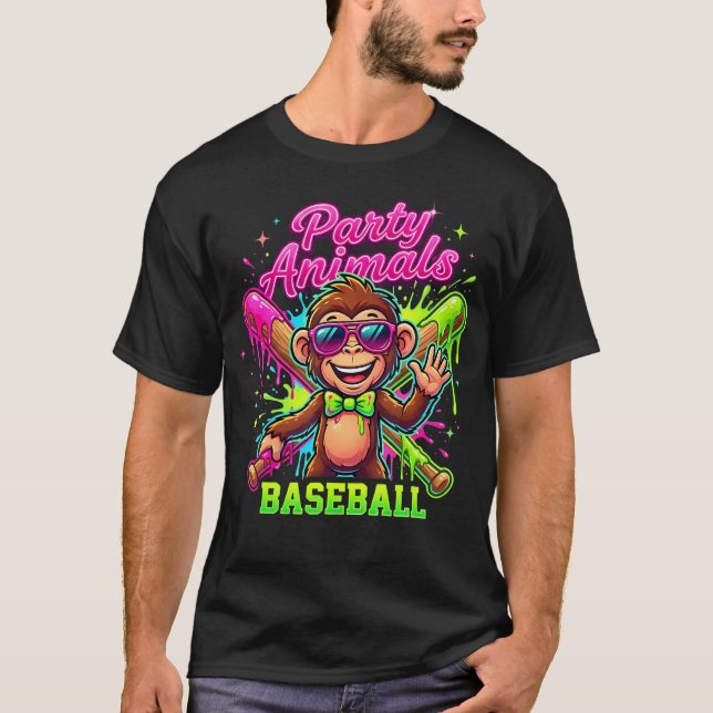 Funny Party Monkey Bow Tie Animals Baseball T-Shirt (Front)