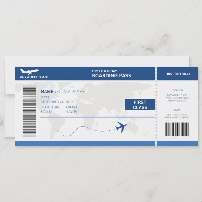Funny passport, boarding pass ticket 1st birthday invitation (Front)