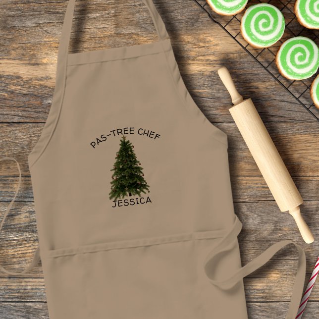 Funny Pastry Pun Christmas Pas-Tree Chef Apron (Pastree Chef? A fun Christmas gift for the baker in your family. Just add their name!)
