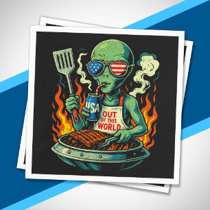 Funny Patriotic Alien Grilling Retro American BBQ Napkin