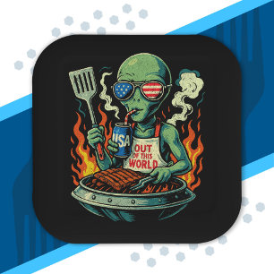 Funny Patriotic Alien Grilling Retro American BBQ Paper Plate