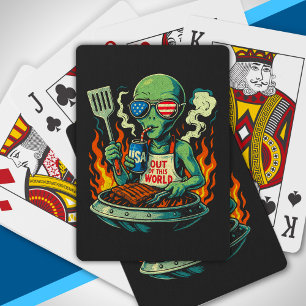 Funny Patriotic Alien Grilling Retro American BBQ Playing Cards
