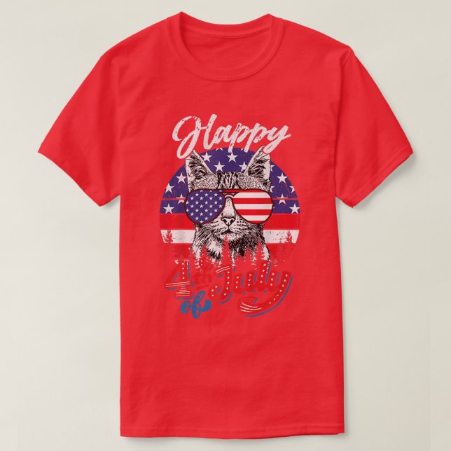 Funny Patriotic Cat Happy 4th of July Independence T-Shirt (Design Front)
