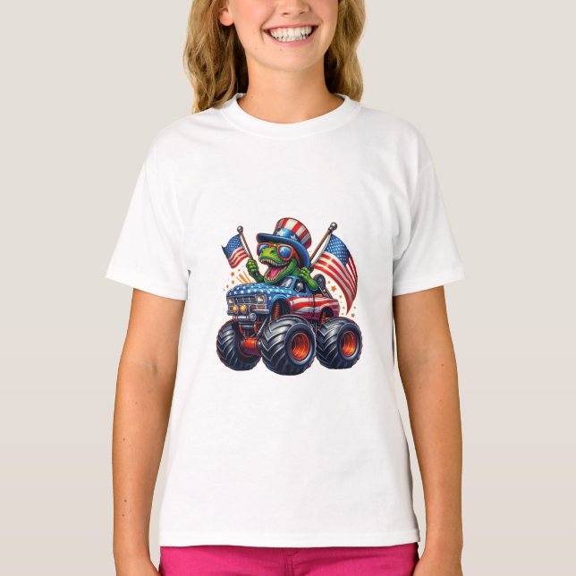 Funny Patriotic Dinosaur T Rex On Monster Truck  T-Shirt (Front)