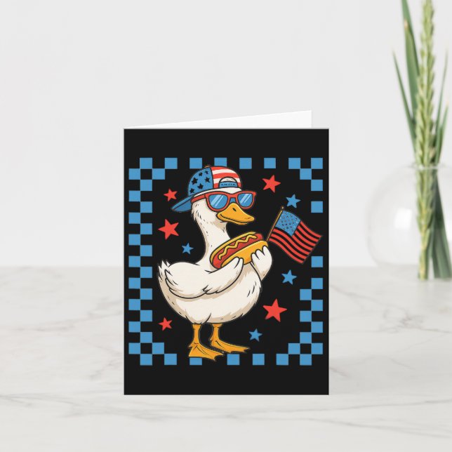 Funny Patriotic Duck Usa Flag Hot Dog 4th Of July  Card (Front)
