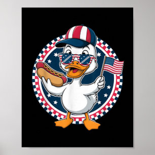 Funny Patriotic Duck Usa Flag Hot Dog 4th Of July Poster