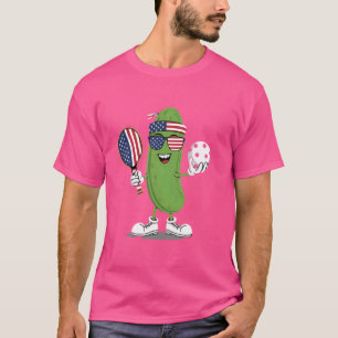 Funny Patriotic Pickle Playing Pickleball American T-Shirt