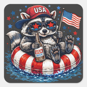Funny Patriotic Racoon USA Fourth Of July Square Sticker