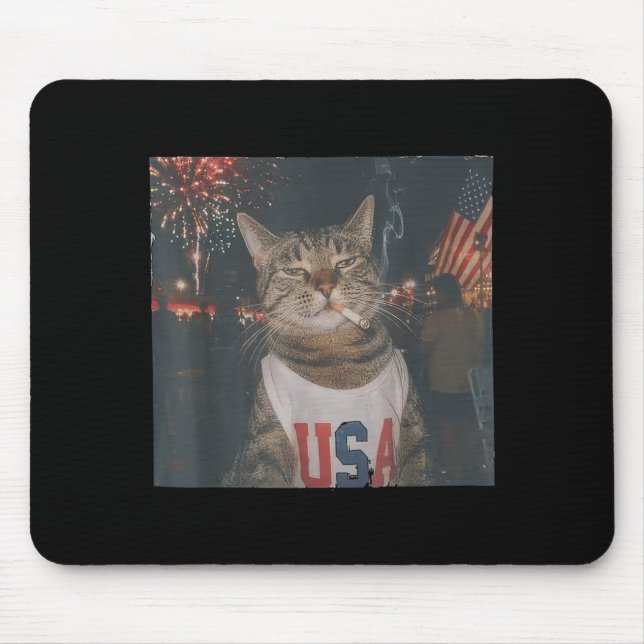 Funny Patriotic Smoking Cat Fireworks 4th Of July Mouse Mat (Front)