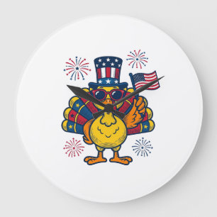 Funny Patriotic Turkey Fireworks Vintage Shirt_1 Large Clock