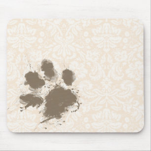 Funny Paw Print on Antique White Damask Mouse Mat