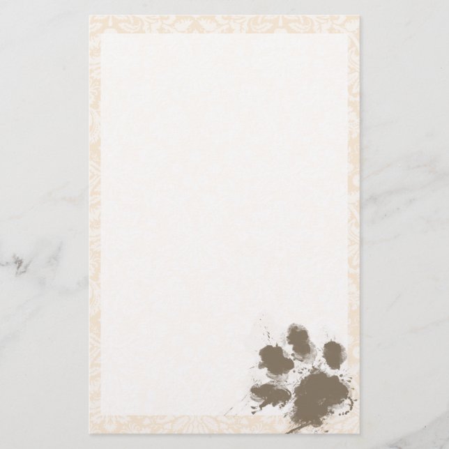 Funny Paw Print on Antique White Damask Stationery (Front)