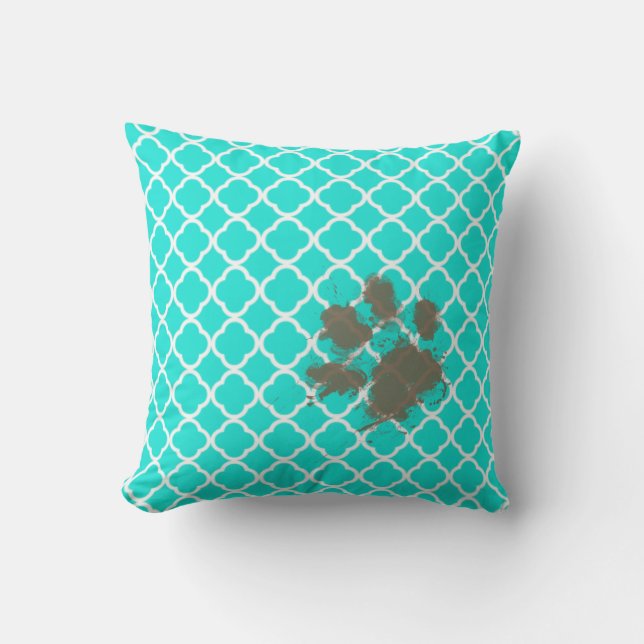 Funny Paw Print on Aqua Colour Quatrefoil Cushion (Front)