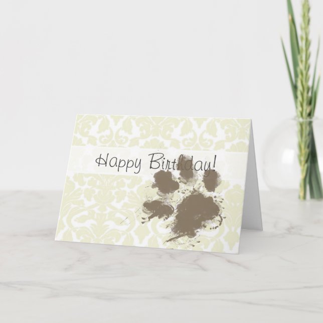 Funny Paw Print on Ivory Damask Pattern Card (Front)