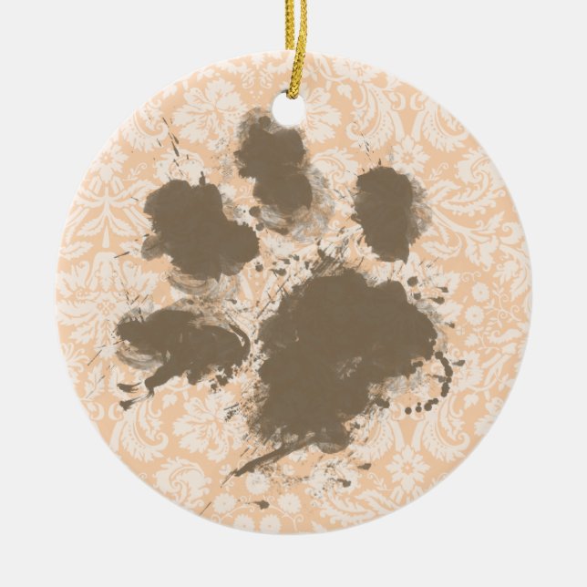 Funny Paw Print on Light Apricot, Peach Damask Ceramic Tree Decoration (Front)