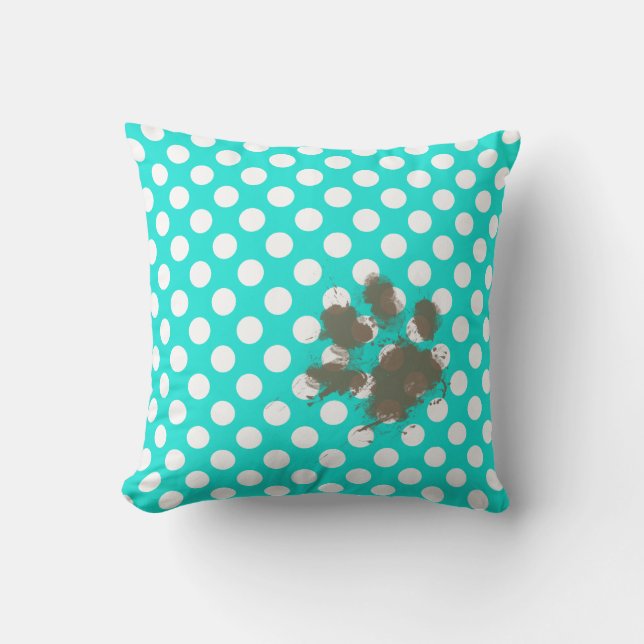 Funny Pawprint; Aqua Colour Polka Dots Cushion (Front)