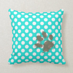Funny Pawprint; Aqua Colour Polka Dots Cushion
