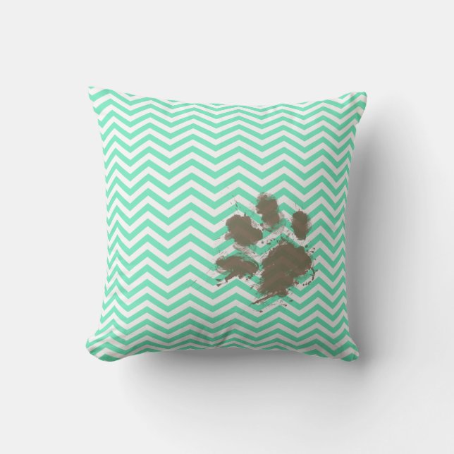 Funny Pawprint on Aquamarine Chevron Cushion (Front)