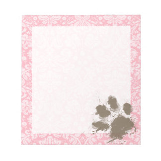Funny Pawprint on Bubble Gum Pink Damask Notepad