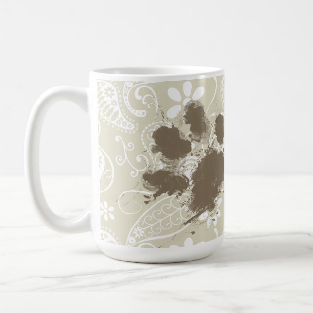 Funny Pawprint on Ecru Paisley Coffee Mug (Left)