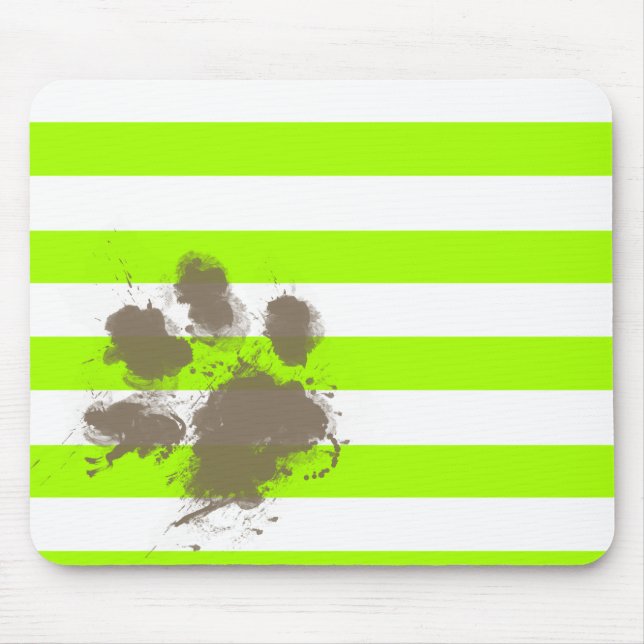Funny Pawprint on Electric Lime Green Stripes Mouse Mat (Front)