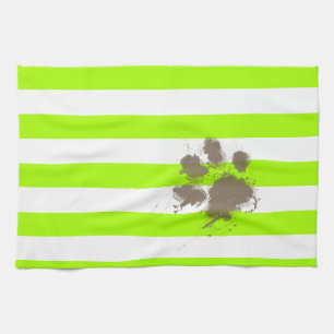 Funny Pawprint on Electric Lime Green Stripes Tea Towel