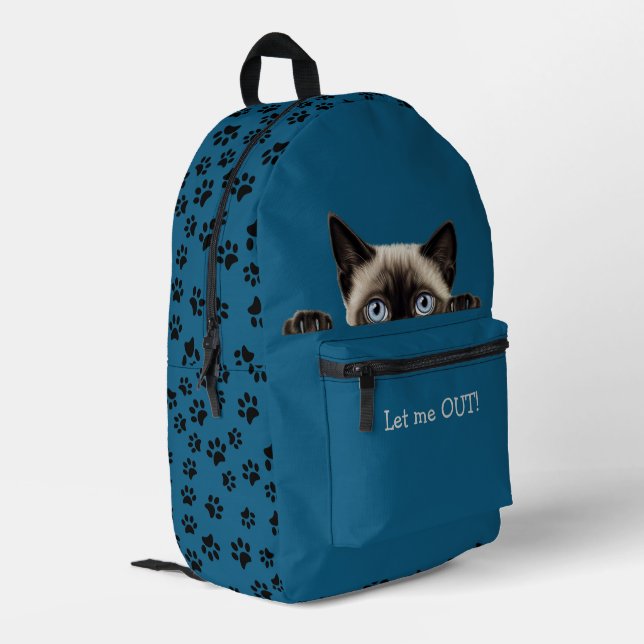 Funny Pawprints Siamese Cat Peeking  Printed Backpack (Back Corner Left)