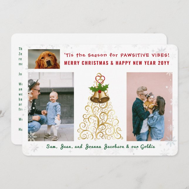 Funny Pawsitive Dog Cat 3 Photos Cute Snowflakes Holiday Card (Front/Back)