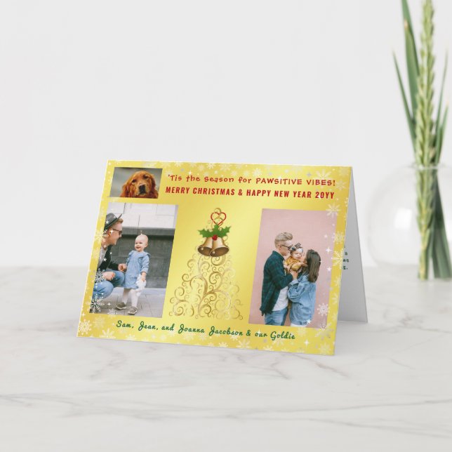 Funny Pawsitive Dog Cat 3 Photos Elegant Golden Card (Front)