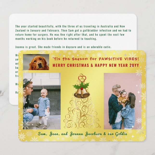 Funny Pawsitive Dog Cat Cute Golden 3 Photos Holiday Card (Front/Back)