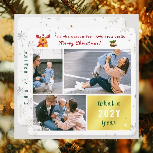 Funny Pawsitive Rudolph 3 Photos Collage Modern Holiday Card (Elegant Modern Cute Funny Pawsitive Vibes Rudolph Merry Christmas 3 Photos What a Year Snowflakes)