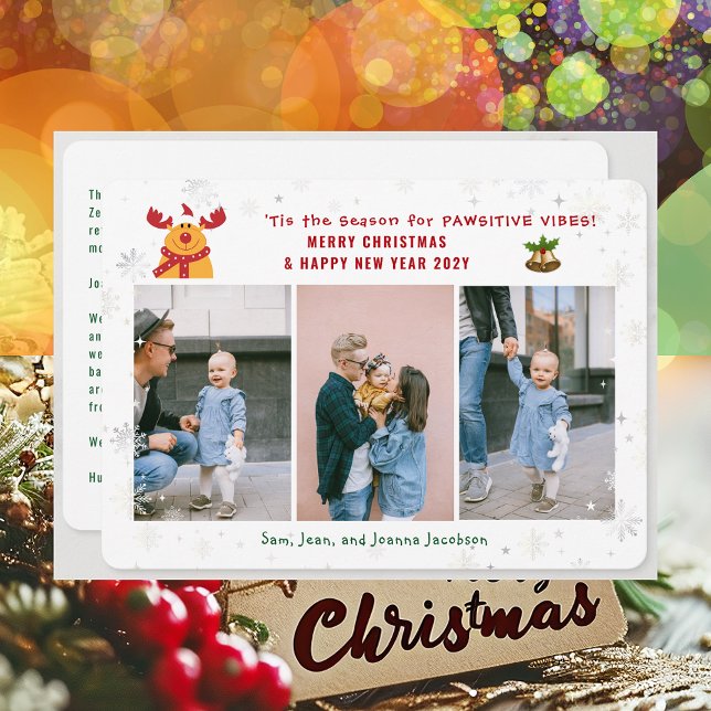 Funny Pawsitive Rudolph 3 Photos Minimalist Modern Holiday Card (Cute Funny Rudolph Pawsitive Vibes Merry Christmas Happy New Year 'Tis the Season 3 Photos Letter)