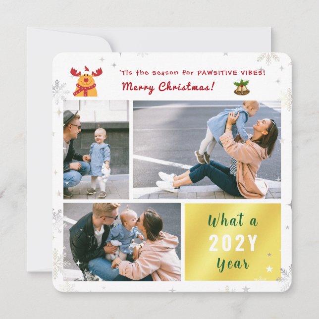 Funny Pawsitive Rudolph Snow 3 Photos Modern Cute Holiday Card (Front)