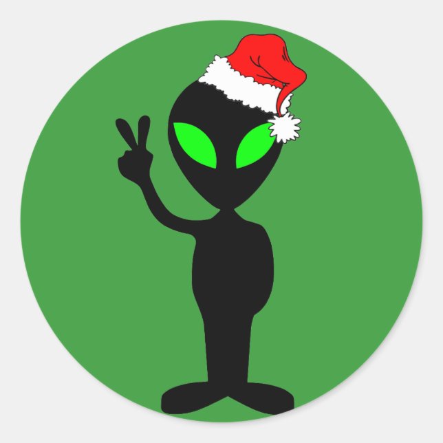Funny peace alien santa classic round sticker (Front)