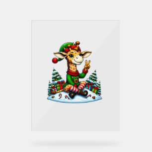 Funny Peace Hand Giraffe Elf Christmas Womens Mens Acrylic Sign