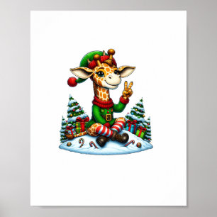 Funny Peace Hand Giraffe Elf Christmas Womens Mens Poster