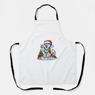 Funny Peace Hand Husky Christmas Lights Womens Men Apron