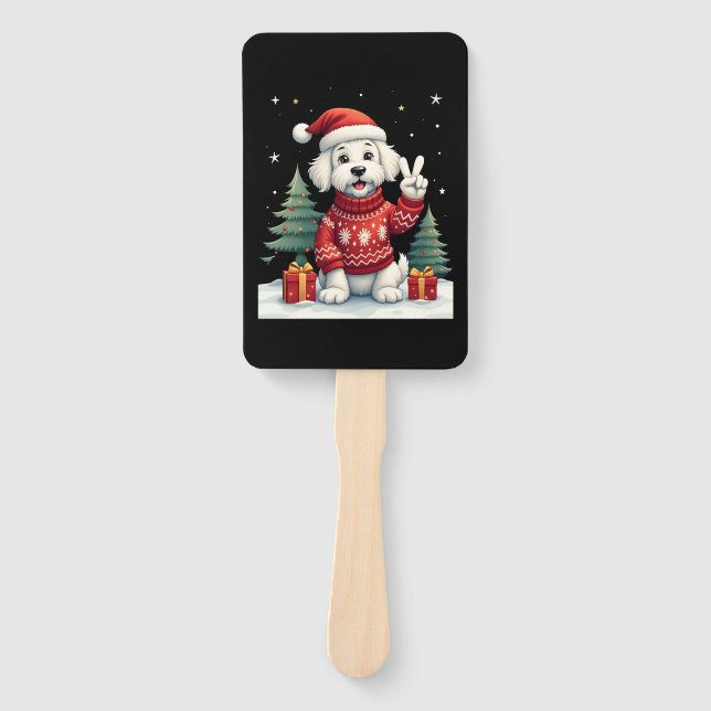 Funny Peace Hand Maltese Christmas Lights Womens M Hand Fan (Front)