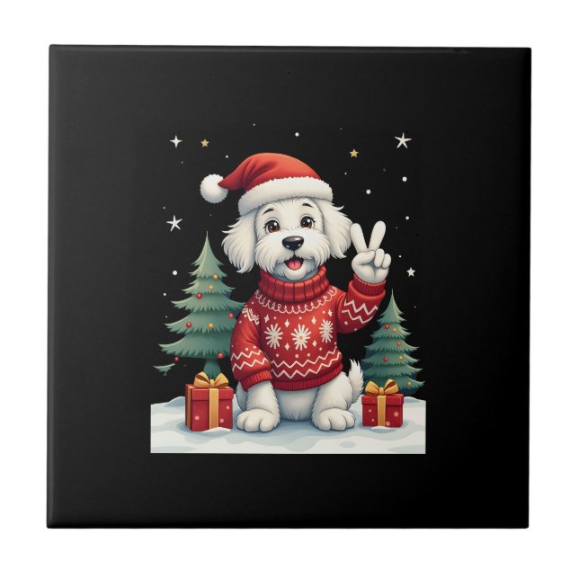 Funny Peace Hand Maltese Christmas Lights Womens M Tile (Front)
