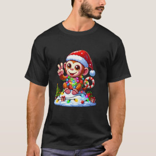 Funny Peace Hand Monkey Christmas Lights Womens Me T-Shirt