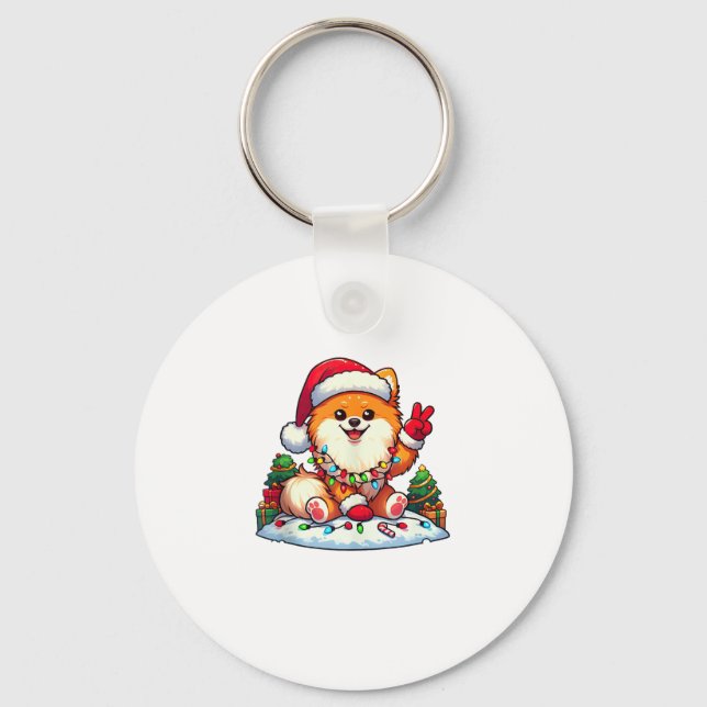 Funny Peace Hand Pomeranian Christmas Lights Women Key Ring (Front)