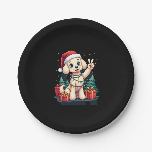 Funny Peace Hand Poodle Christmas Lights Womens Me Paper Plate (Front)