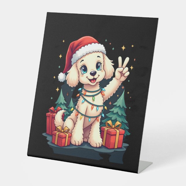 Funny Peace Hand Poodle Christmas Lights Womens Me Pedestal Sign (Front)